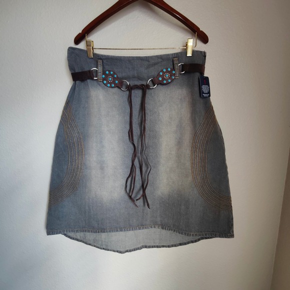 Gloria Dresses & Skirts - Gloria Vintage Y2K Deadstock Denim Mini Skirt Western Turquoise Belt Festival XL